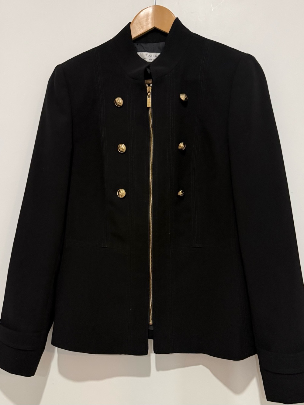 Tahari ASL Black Military Jacket Gold Buttons Zip Front Structured Blazer Sz 6